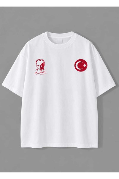 LiyAdaCo Unisex Turkish Flag and Atatürk Silhouette Printed Oversize T-Shirt with Themes of October 29, November 10, April 23, May 19