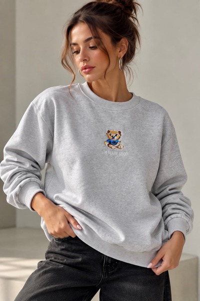 bb butik basic Γυναικείο φούτερ με κέντημα αρκουδάκι, βασικό με 2 κλωστές