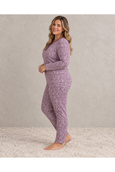 embody Pijama de bumbac pentru femei, mărime mare, bluză cu mânecă lungă și pantaloni lungi, model floral mov.