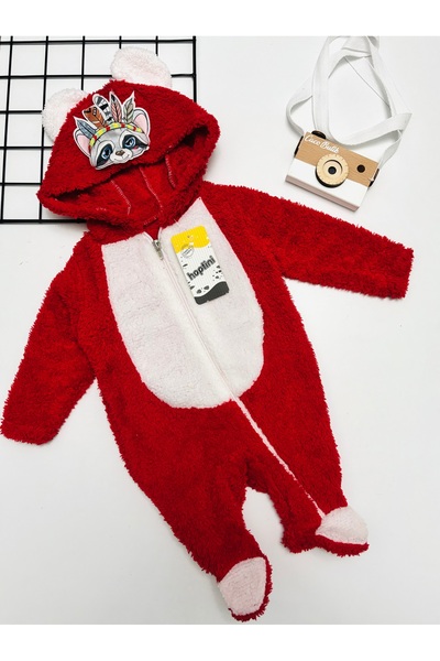 cacobutik Baby Unisex Hooded Zippered Welsoft Jumpsuit Red