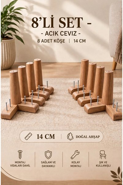 LEGORA WOOD DESIGN 14 Cm Konik Açık Ceviz Mobilya Ayağı 8'li Set 1. Sınıf Gür...