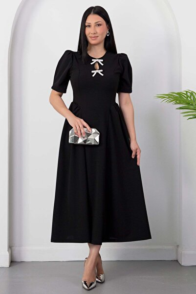 PULLIMM Crew Neck Bowknot Short Sleeve Dress Grs4165
