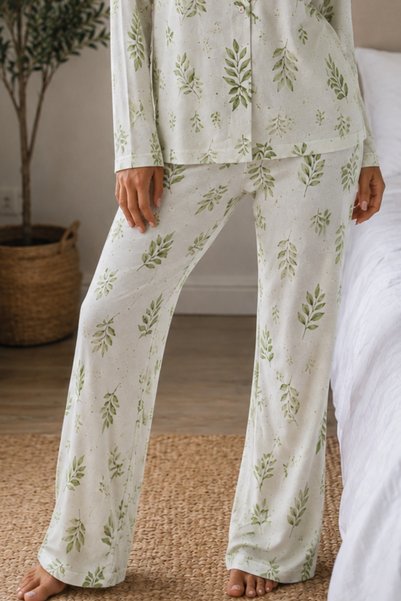 MODAGO Kadın Örme Gömlek Yaka Çağla Yeşili Pijama Takımı