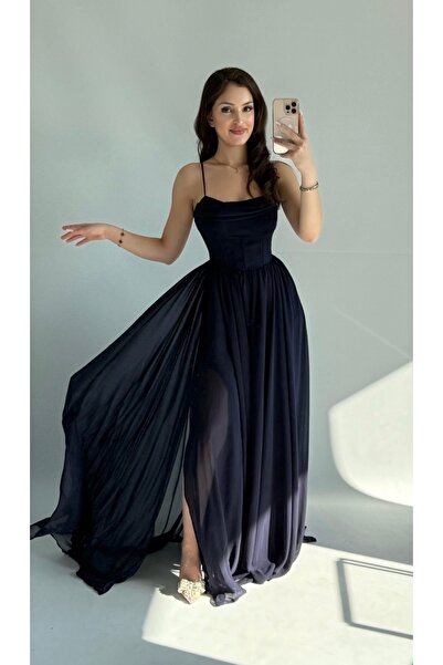 ayşenur Dinçer butik Anna Tül Askılı Abiye Lacivert
