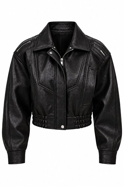 Laluvia Black Leather Jacket with Shoulder Zipper Detail -