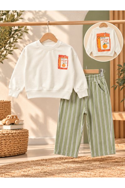 kr kids Boy's Printed Sweatshirt Khaki Striped Gabardine Trousers 2-Piece Set