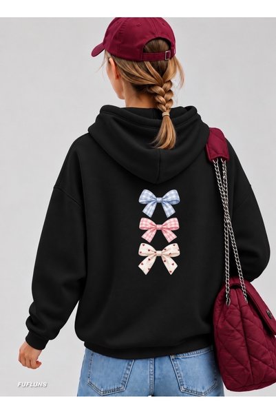 FUFLUNS Plaid Ribbon Back Printed Oversized Women's Hooded Sweatshirt
