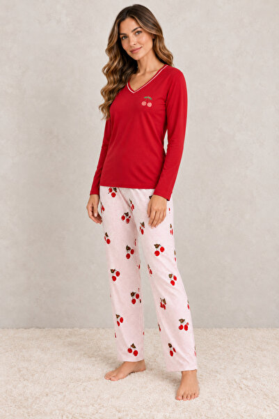embody Pijama de damă din bumbac roșu cu pantaloni roz cu imprimeu cu cireșe.