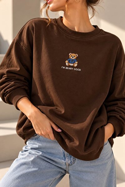 bb butik basic Γυναικείο φούτερ με κέντημα αρκουδάκι, βασικό με 2 κλωστές