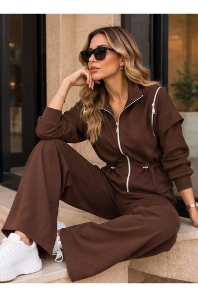 QİMYA BUTİK ŞANS LİFE Set de două piese pentru femei cu pantaloni, talie tunel, umăr cu fermoar, jachetă, top