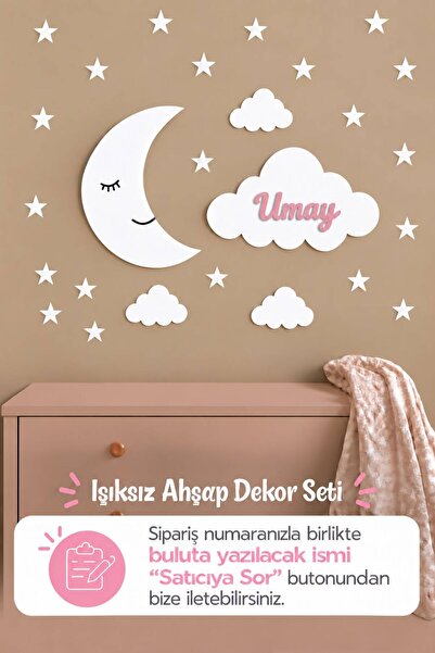 BugyBagy İsme Özel Ahşap Ay ve İsimli Bulut Bebek Odası Duvar Dekor Seti