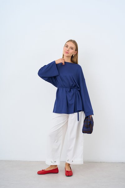 LOCCO Women's Waist-Tied Tunic Navy Blue