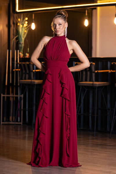 Abiyefon Bordo Halter Yaka Uzun Şifon Mezuniyet Elbisesi ABU6506