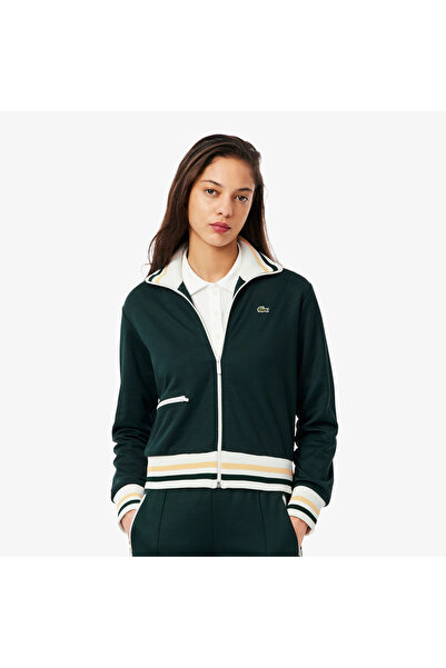 Lacoste Kadın Regular Fit Fermuarlı Renk Bloklu Koyu Yeşil Sweatshirt