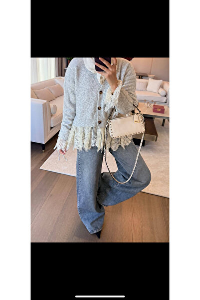 Molly Nelly Romantic Lace Detailed Oversized Knitwear Cardigan
