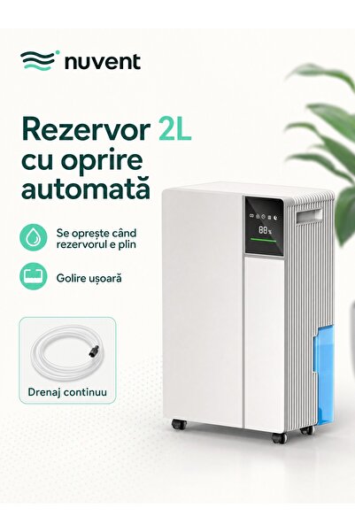 NuVent Dezumidificator cu compresor si uscare rapida a rufelor NV-Y11, 12 L/24h la 30°C, rezervor 2 L, mod Somn silentios 32 dB, afisaj digital, blocare copii, 15–30 m², Alb