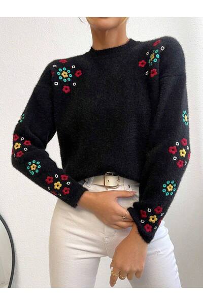 Stile Bella Pulover de damă cu gât turnat, cu broderie florală, cu mânecă lungă