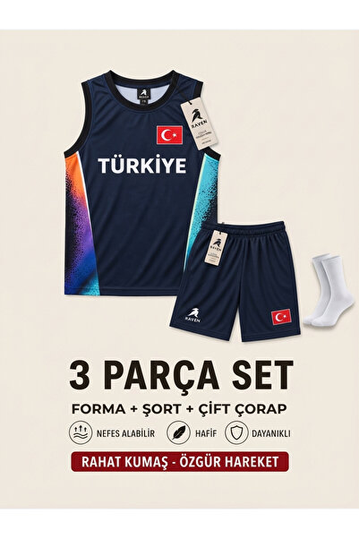 The RAVEN PREMİUM TÜRKİYE ÖZEL SERİ MAVİ SİYAH BASKETBOL FORMASI 3 PARÇA FORM...