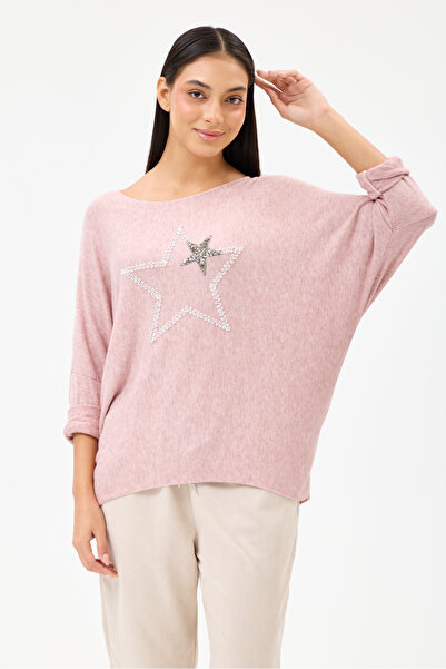 della moor Women's Powder Italian Star Patterned Bat Sleeve Oversize Lycra Kn...