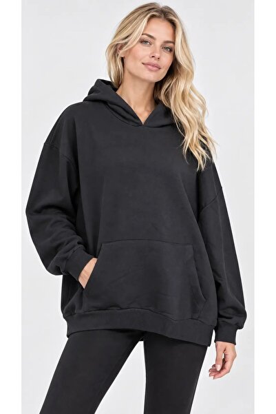 hazelin Women's Plus Size Black Hooded Oversize Sweatshirt with Kangaroo Pock...