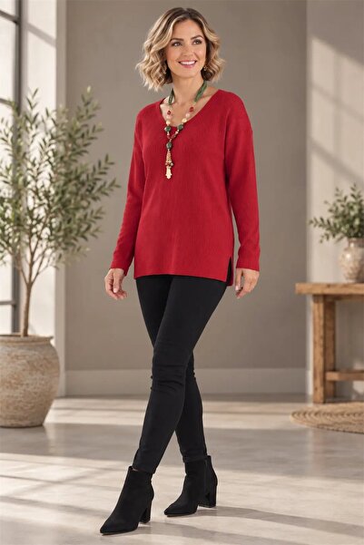 hazelin Women's Red V-Neck Comfortable Fit Side Slit Long Knitwear Sweater Hz...