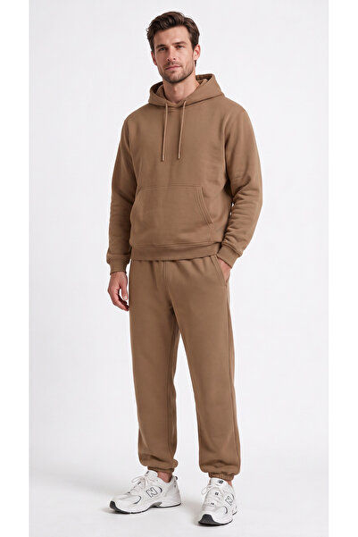 BADESSA Men's Brown Hooded 3-Thread Sweatpants Set with Elastic Cuffs
