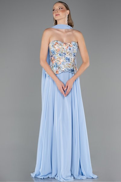 Abiyefon Buz Mavisi Payetli Straplez Yaka Peplum Uzun Şifon Abiye ABU6391