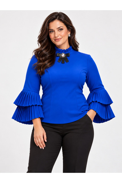 ROCMAY Ag Country Royal Brooch Detailed Pleated Flywheel Sleeve Plus Size Blouse