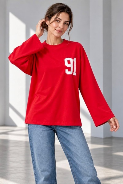 bb butik basic Women's 91 Printed Oversize Crew Neck Long Sleeve Sweatshirt My3535