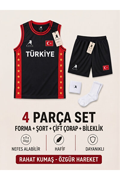 The RAVEN PREMİUM TÜRKİYE ÖZEL SERİ KIRMIZI SİYAH BASKETBOL FORMASI 4 PARÇA F...