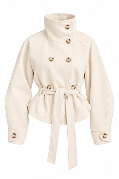 Laluvia Stone-Colored Stand Collar Belted Trench Coat - 2Y501326
