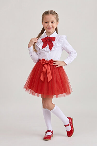 FATELLA Girl's Red Scarf Polka Dot Ruffle Collar White Long Sleeve Shirt Red ...
