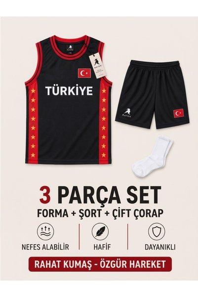The RAVEN PREMİUM TÜRKİYE ÖZEL SERİ KIRMIZI SİYAH BASKETBOL FORMASI 3 PARÇA F...