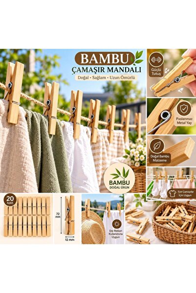 Ahşap Çamaşır Mandalı 20'li Bambu Mandal Güçlü Yaylı Dayanıklı Çamaşır Askı Mandalı