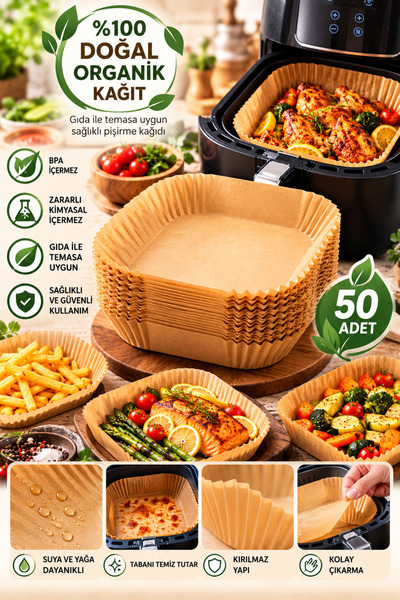 Mecra Life 50 Adet Kare Airfryer Pişirme Kağıdı – Hava Fritözü Uyumlu Yağ Geç...