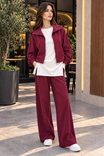 LALİN MODA Kadın 3 Parça Fermuarlı Ceketli Bol Paça Pantolon Takım