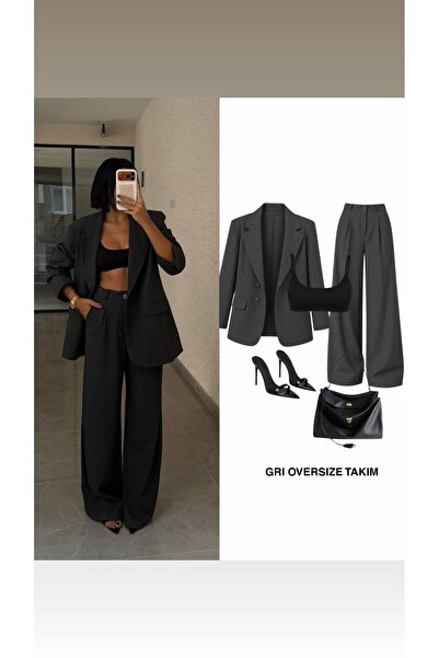 Kadın Füme Gri Oversize Ceket Pantolon İkili Takım