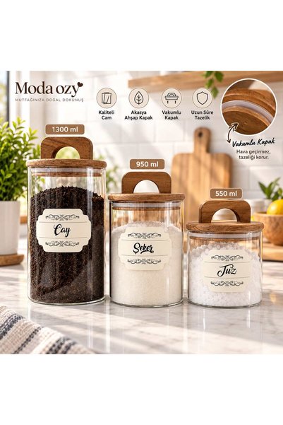 MODA OZY 3'lü Akasya Kapaklı Etiketli Cam Kavanoz Seti 1300/950/550 ml Çay- Şeker -Kahve-Tuz Bakliyat Saklama Kabı
