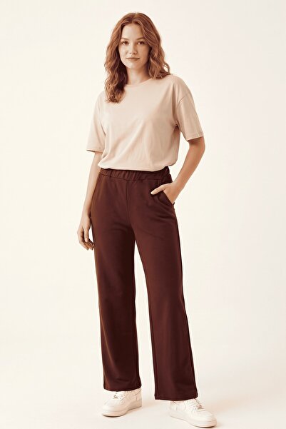 hadiora Women's Brown Elastic Waist Comfortable Fabric Wide Leg Pants with Po...