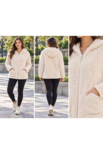 ECK MODA Women's Plush Hooded Coat with Zipper Pocket Detail