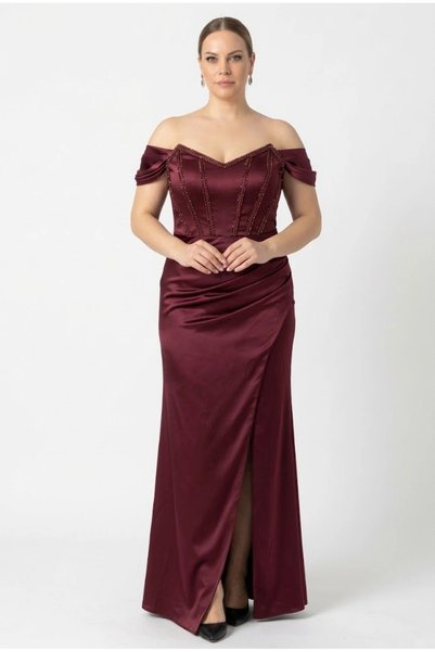 Moda Berray 738 Bordo Omuzları Drapeli Korsaj Detaylı Abiye Elbise