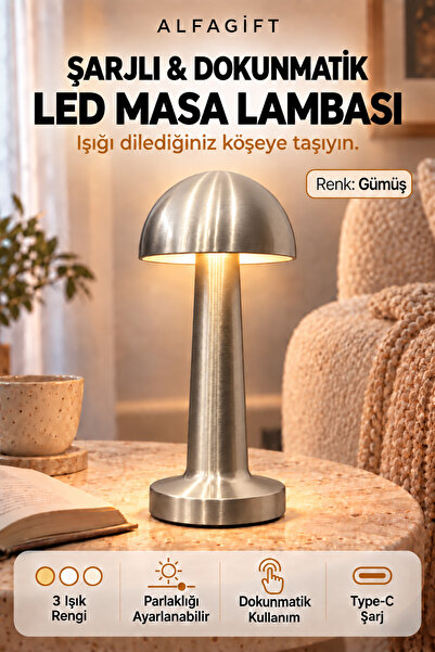 ALFAGİFT Şarjlı Dokunmatik LED Mantar Masa Lambası 3 Işık Tonlu Dimmerli Type-C Kablosuz Abajur Gece Lambası