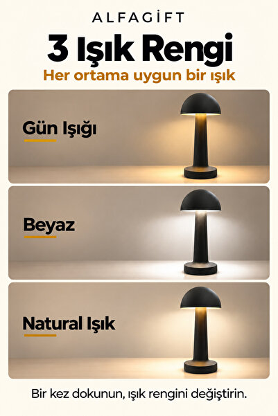 ALFAGİFT Şarjlı Dokunmatik LED Mantar Masa Lambası 3 Işık Tonlu Dimmerli Type-C Kablosuz Abajur Gece Lambası