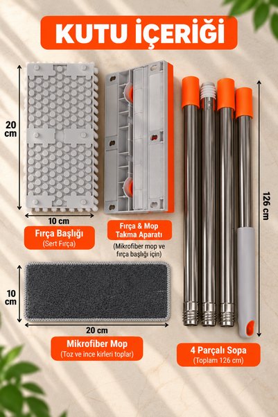 Doori 3’ü 1 Arada Sert Geniş Fırçalı Mikrofiber Mop ve Çekpas 126 cm Uzun Saplı Zemin Temizlik Fırçası