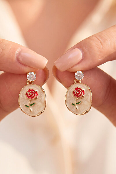 Elika Silver Vintage Earrings with Red Rose Motif