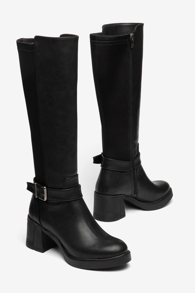 MALENTA Women's Black Leather Diving Fabric Ankle Buckle Detailed Non-Slip Block Heel Below the Knee Boots - Super Flexible