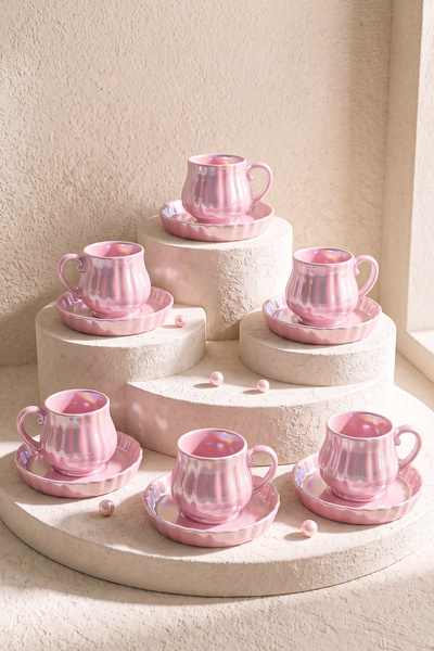 Perotti Pink Line Wavy Porcelain Coffee Cup Set for 6 People