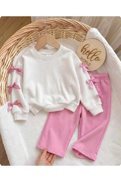 MORNİNG KİDS Kız Bebek Beyaz Kurdeleli Bisiklet Yaka Sweatshirt-Pembe Bol Paç...