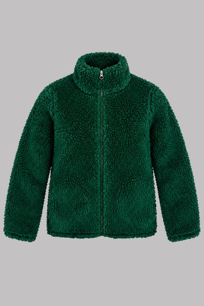 yaje Çocuk Yeşil Düz Renk Peluş Ceket – Dik Yaka, Fermuarlı, Cepsiz, Oversize