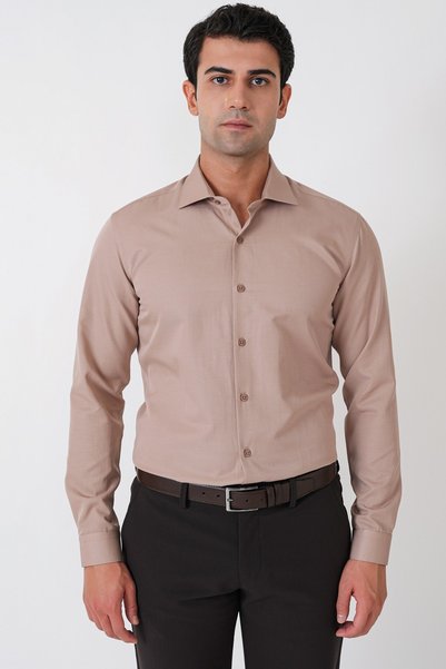 Efor Slim Fit Cotton Satin Classic Beige Shirt Gk 604